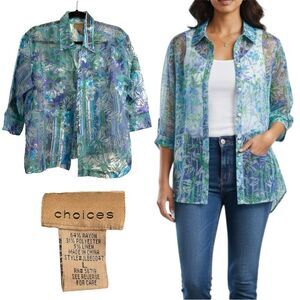 Choices Vintage Semi Sheer Burnout Long Sleeve Button Down Floral Top Size Large